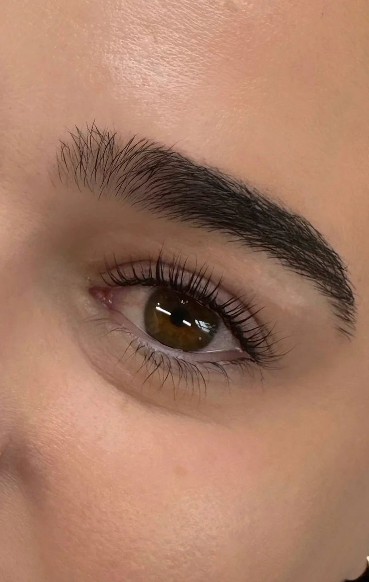 Close-up of naturally curled lashes and a shaped brow beside a brown eye